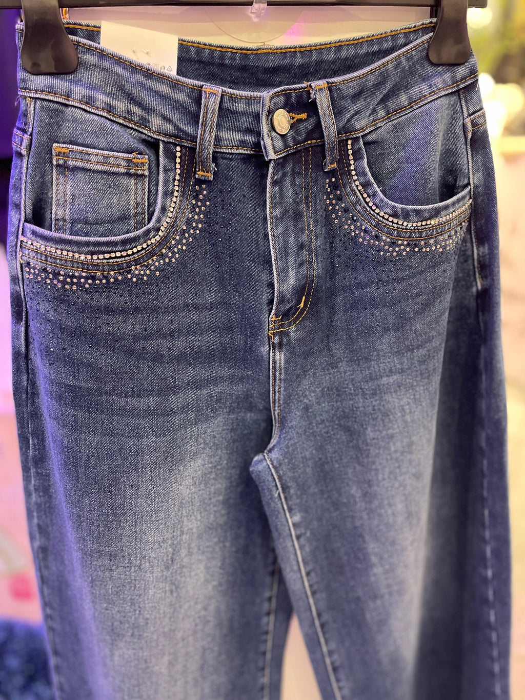 Jeans Wide Leg Denim con Strass