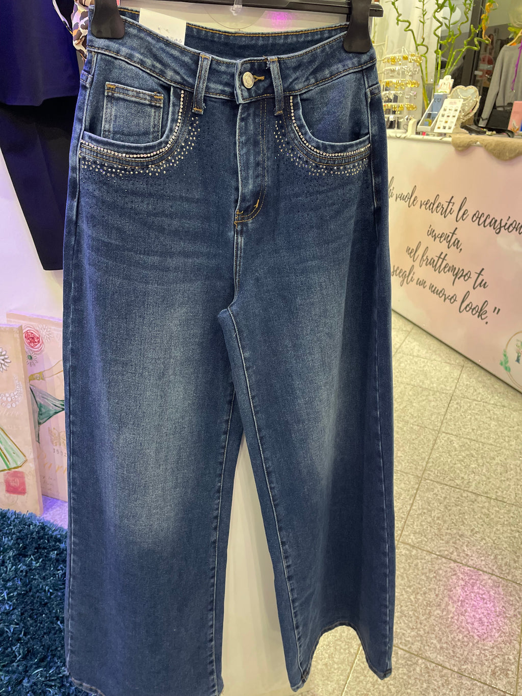 Jeans Wide Leg Denim con Strass
