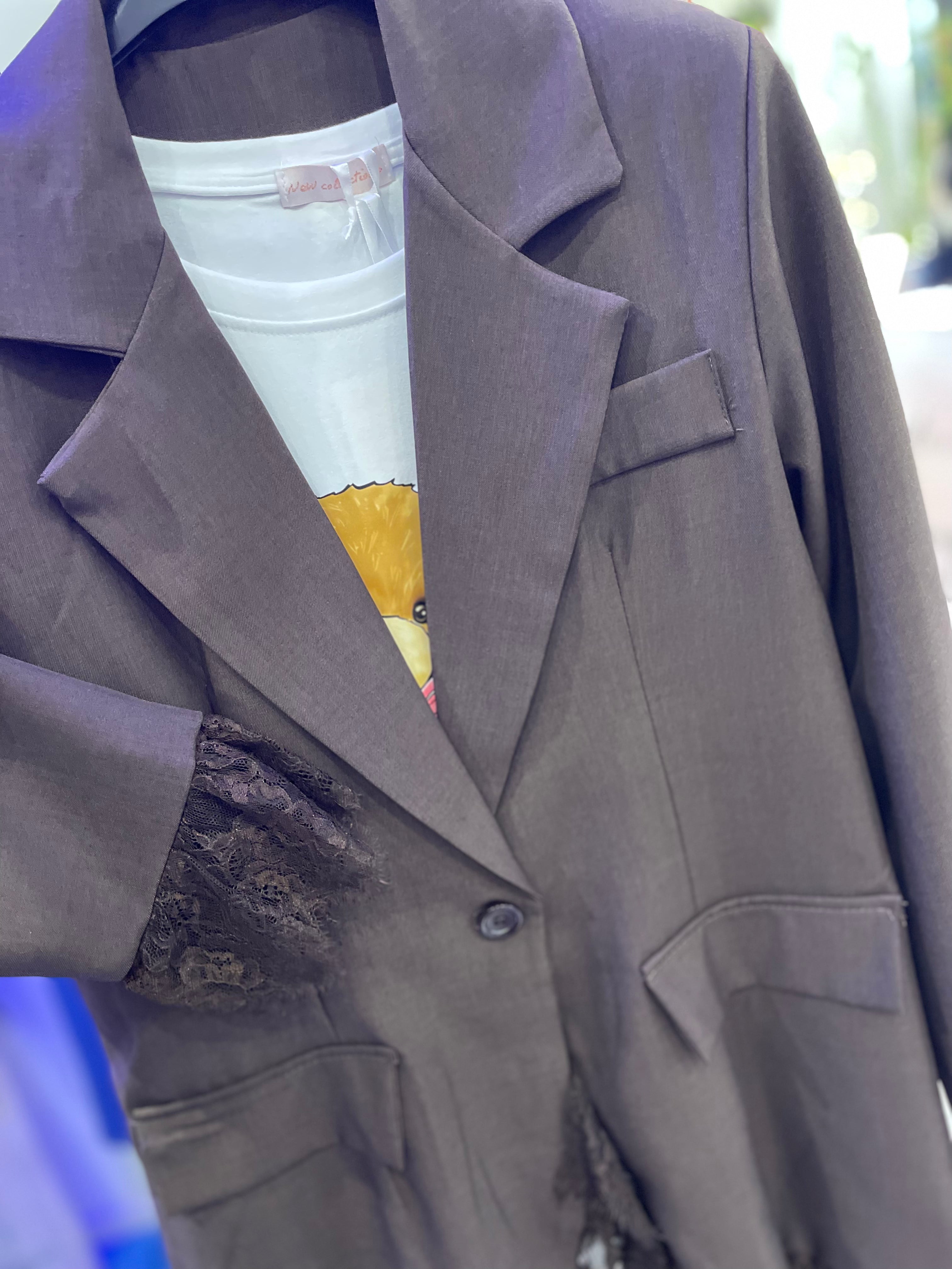 Blazer Marrone con Dettagli in Pizzo