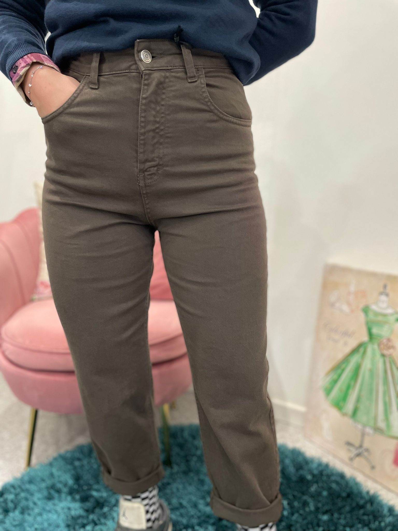 Jeans Mom Fit vita alta-marrone moro